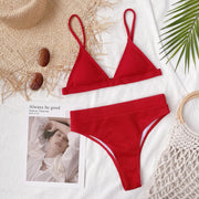 Red ribbed triangle bikini with high-waist brief