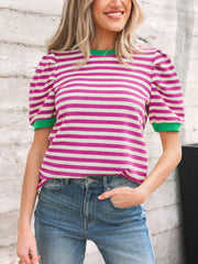 Striped puff sleeve tee with green trim and neckline, cotton blend, round neck.