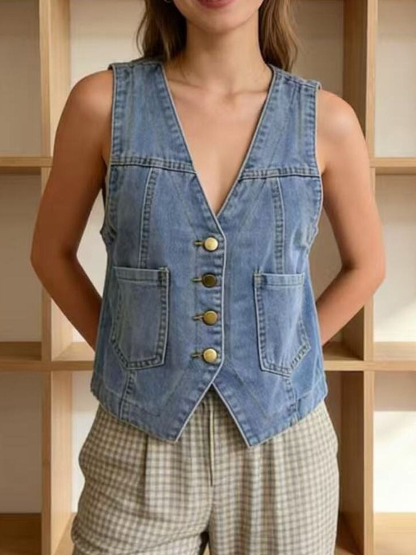 Light blue denim vest with brass buttons, V-neck, and two chest pockets.