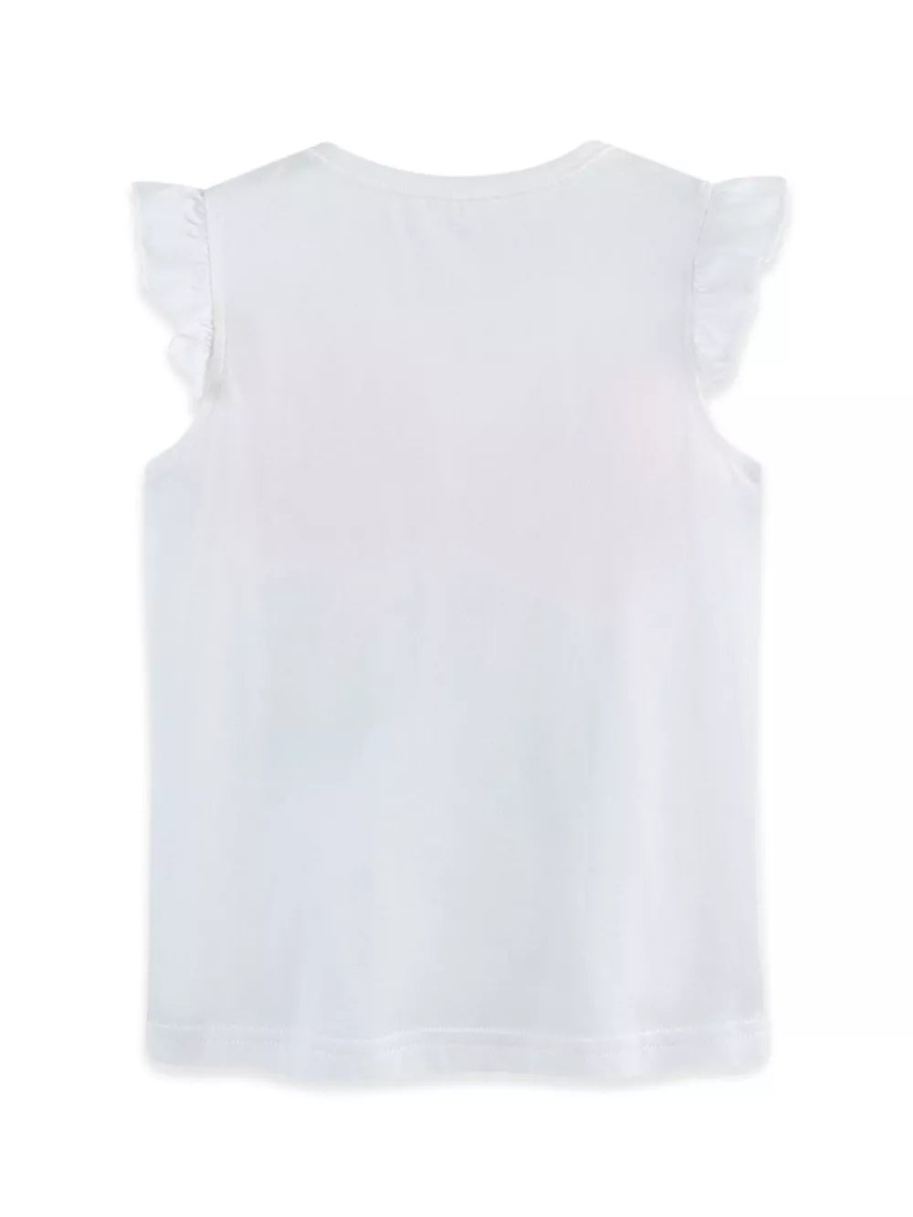White cotton t-shirt with ruffle sleeves and a subtle butterfly graphic.