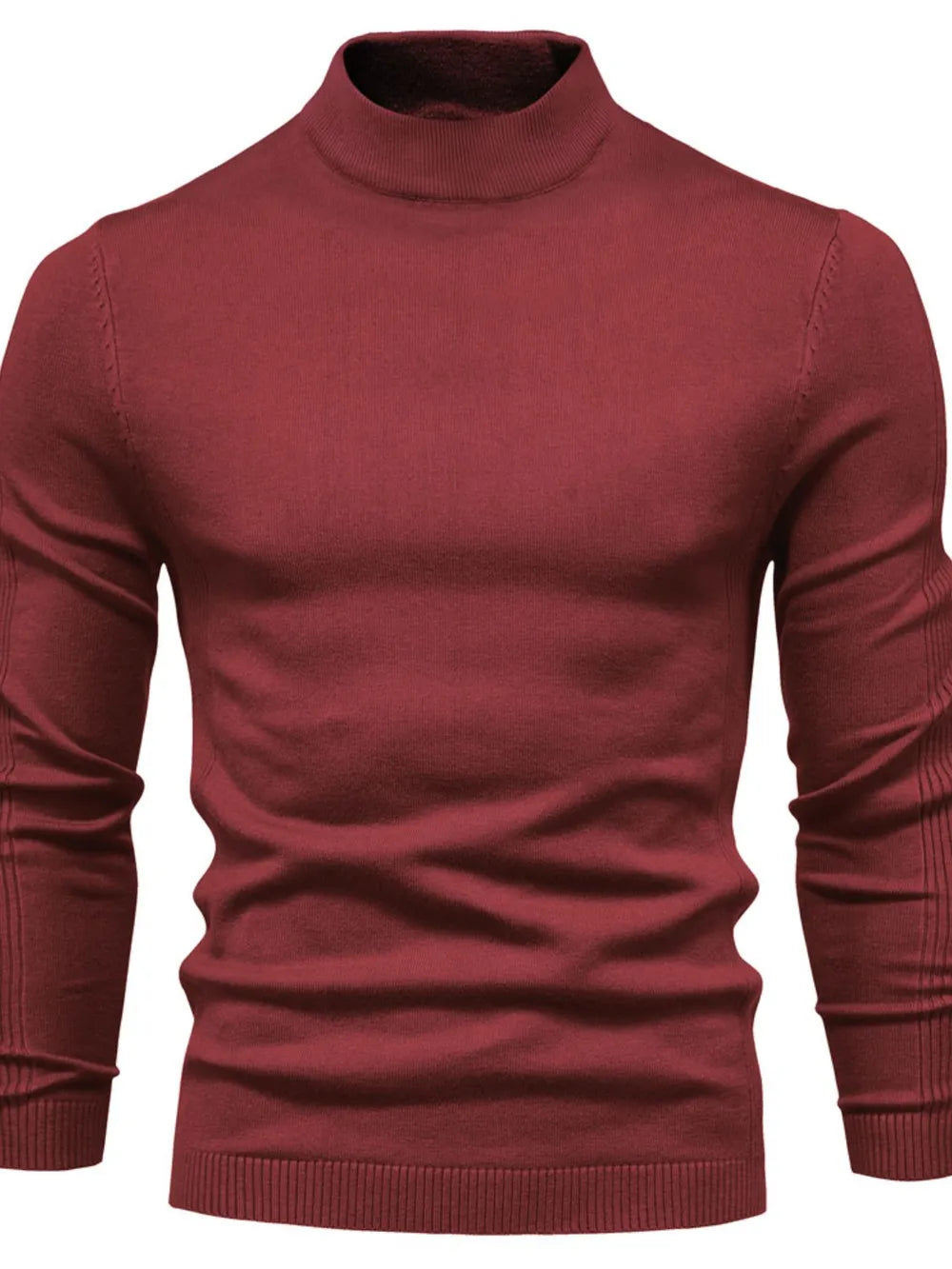Ribbed mock neck sweater in plum purple with sculpted shoulder detail and long sleeves.