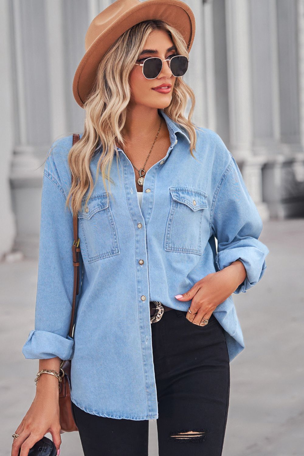 Light oversized denim shirt with patch pockets and collared neck