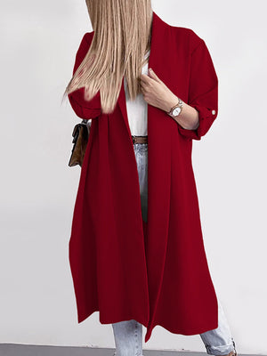 Deep red draped-front maxi coat with button cuffs and a relaxed fit.