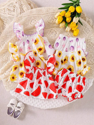 Children's Ruffled Printed Tank And Shorts Set in Shell, front view