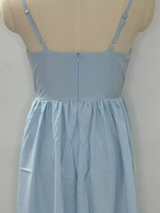 Light blue midi dress with adjustable straps and gathered waist