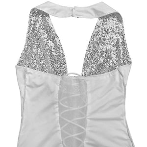 White sequin halter neck maxi gown with lace-up back detail.