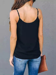 Black cami top with adjustable straps and V-neck detail.