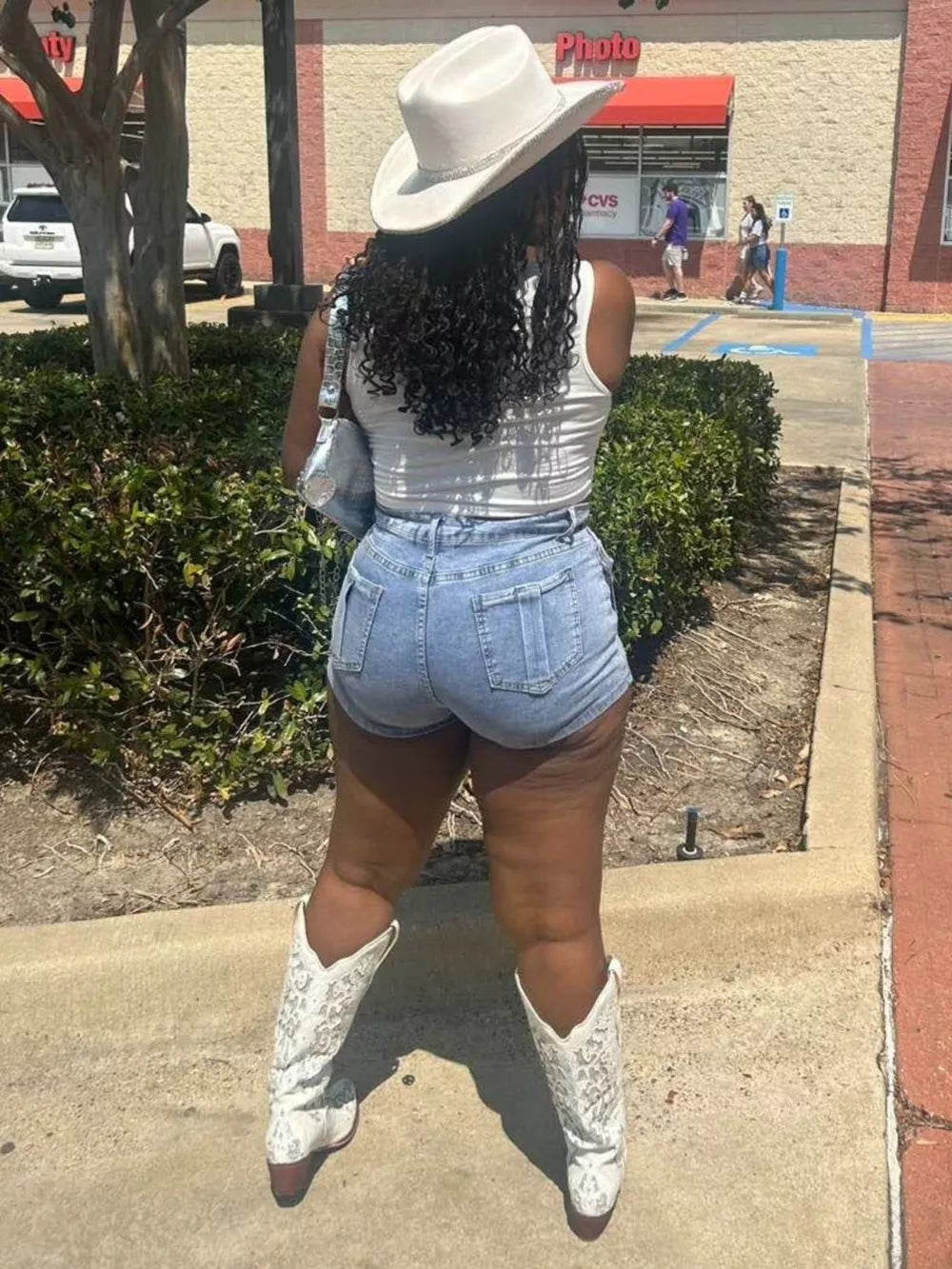 Asymmetrical Wrap Denim Shorts in Blue, back view