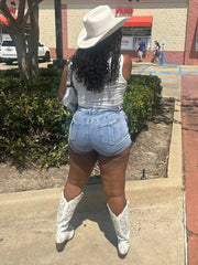 Asymmetrical Wrap Denim Shorts in Blue, back view