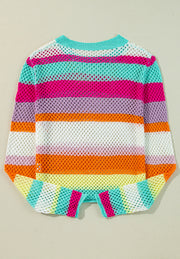 Rainbow crochet openwork sweater with horizontal stripes in pink, purple, orange, white, and teal.