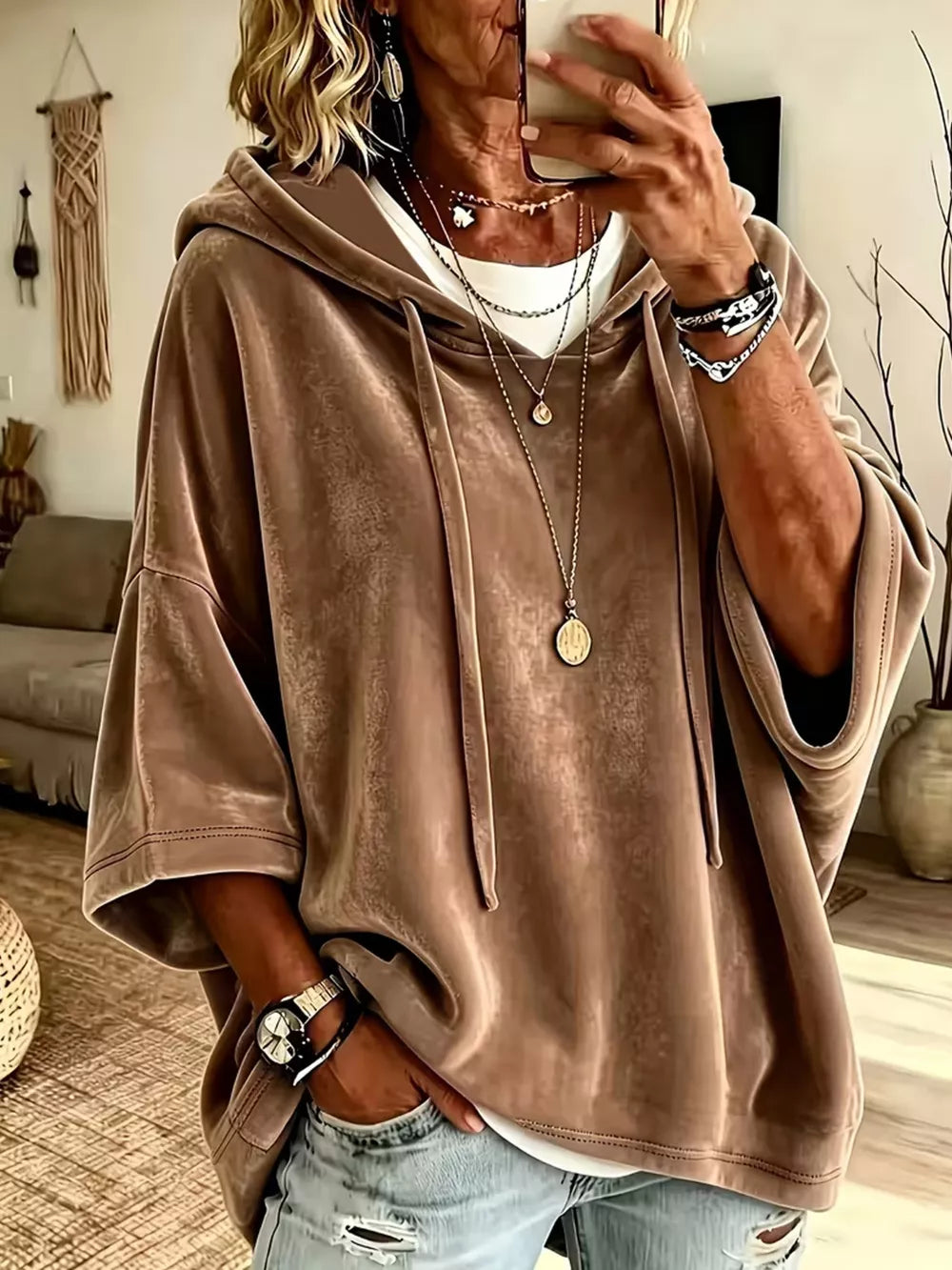 Velvet Loose Fit Hoodie With Drawstring in Khaki, editorial view