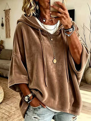 Velvet Loose Fit Hoodie With Drawstring in Khaki, editorial view
