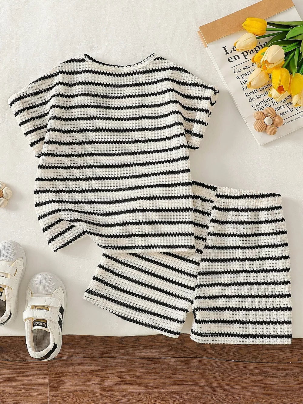 Children's Striped Round Neck Top And Shorts Set, back view