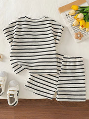 Children's Striped Round Neck Top And Shorts Set, back view