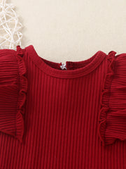 Red ribbed baby set with ruffled cap sleeves and neckline detail.