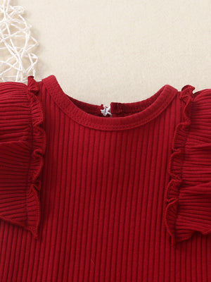 Red ribbed baby set with ruffled cap sleeves and neckline detail.