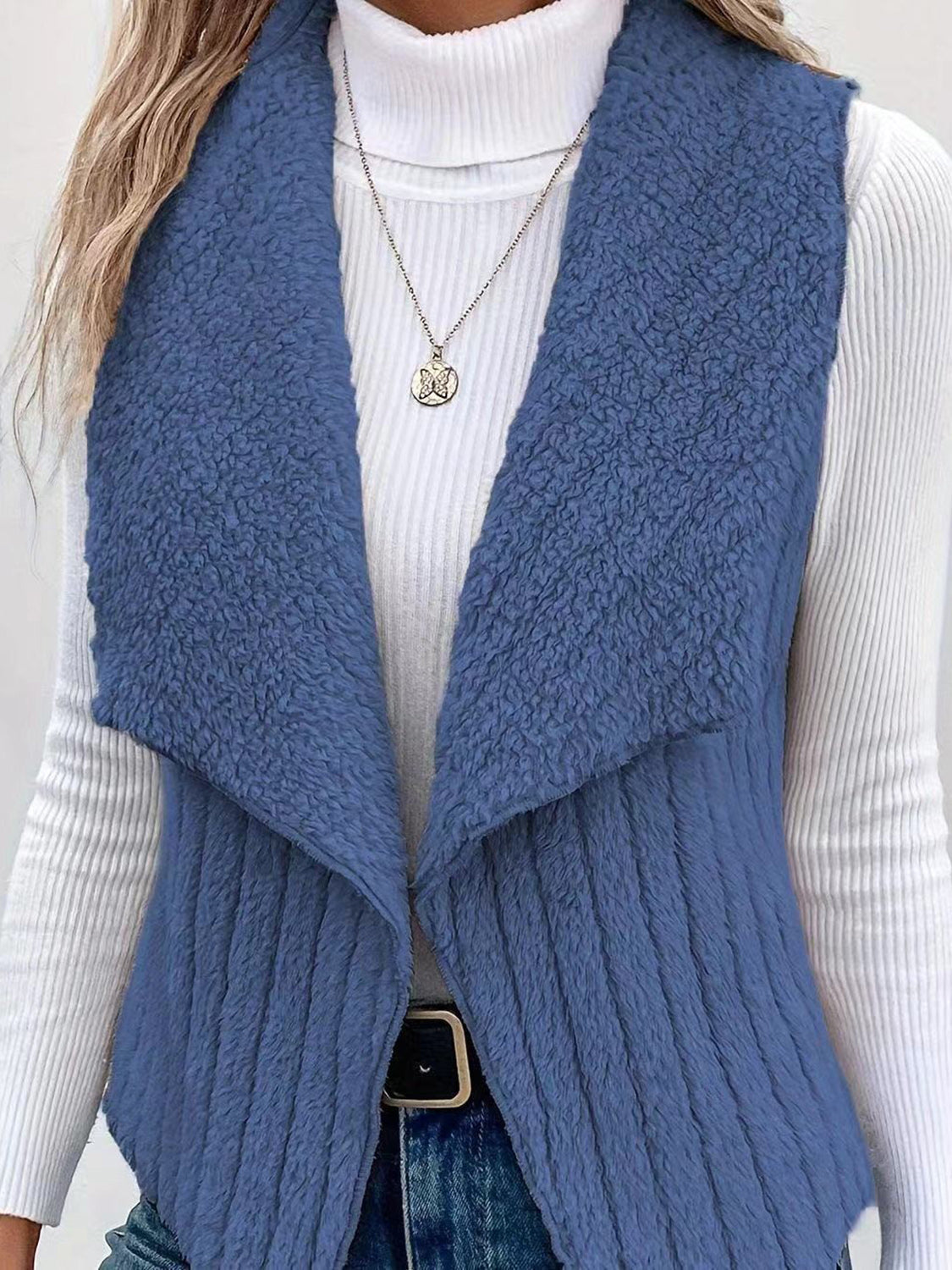 Textured teddy collarless vest in Dusty Blue with a waterfall collar.