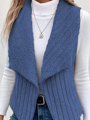 Textured teddy collarless vest in Dusty Blue with a waterfall collar.