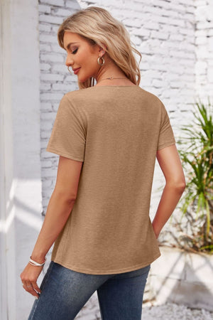 Button-trimmed gathered yoke top in mocha, a casual short-sleeve blouse.