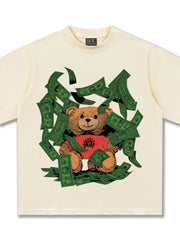 Cream cotton blend t-shirt with teddy bear and money graphic print