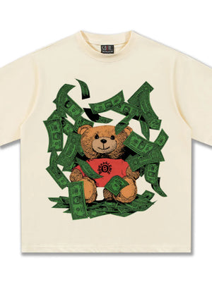 Cream cotton blend t-shirt with teddy bear and money graphic print