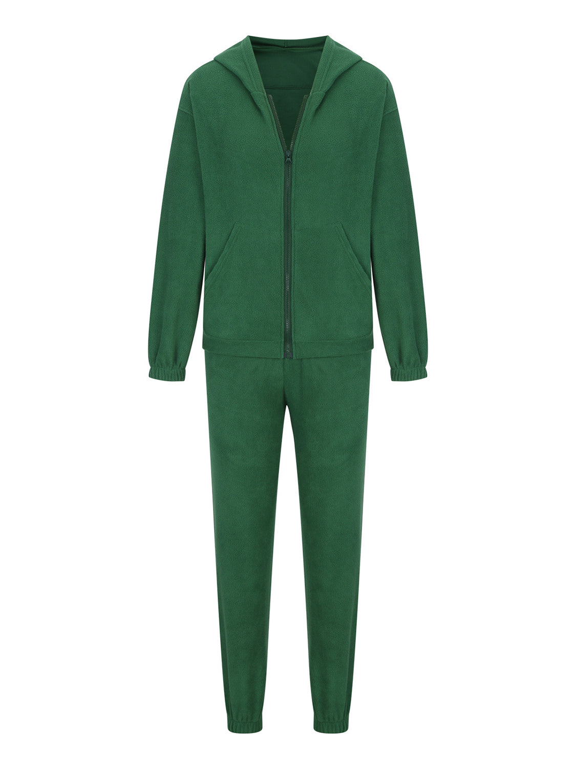 Dark green fleece hoodie with zipper and pockets, paired with matching jogger pants.