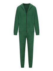 Dark green fleece hoodie with zipper and pockets, paired with matching jogger pants.