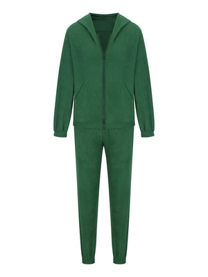 Dark green fleece hoodie with zipper and pockets, paired with matching jogger pants.