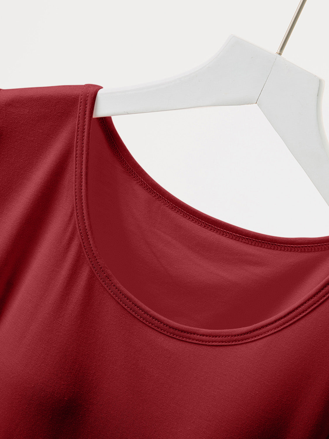 Burgundy crew neck t-shirt with built-in bralette detail.