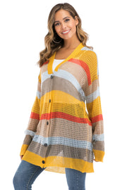 Striped open-knit longline cardigan in gold with a V-neck and button front.