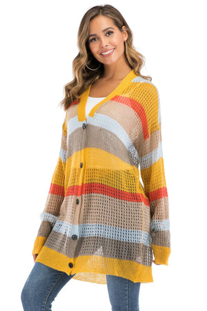 Striped open-knit longline cardigan in gold with a V-neck and button front.