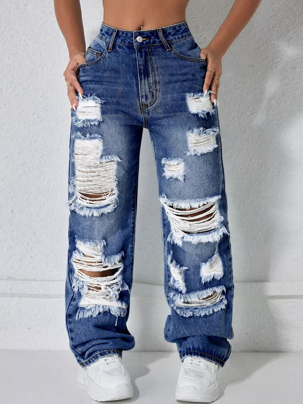 Distressed Wide Leg Jeans in Light Blue, editorial view