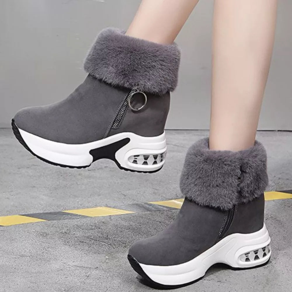 Gray plush side-zipper high heel ankle boots with air cushion detail.