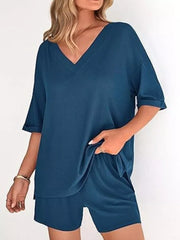 Solid Color V-neck And Shorts Set in Army Green, close-up detail