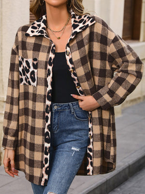 Camel plaid shacket with leopard trim, pocket, and collar.