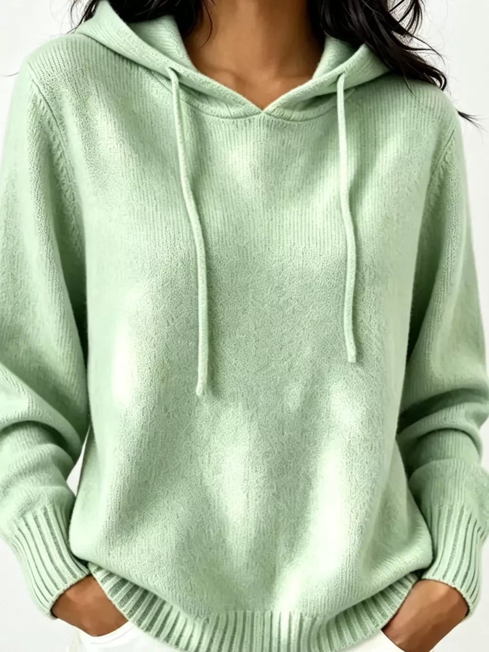 Cozy Ribbed Long-sleeve Hooded Sweater in White, view 19