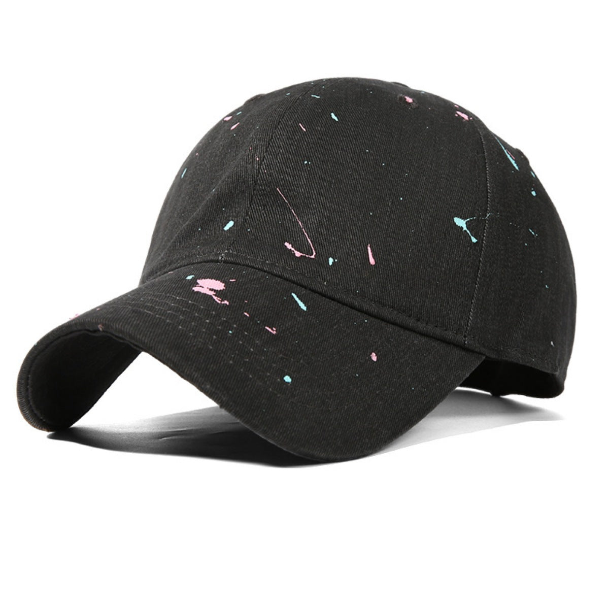 Black cotton baseball cap with pink and blue splatter paint detail