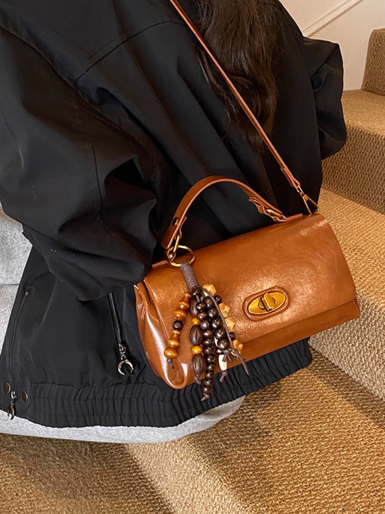 Compact brown pu leather flap shoulder bag with beaded tassel detail