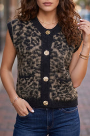 Leopard Print Knit Sleeveless Sweater Vest, front view