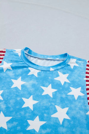 Patriotic t-shirt with blue tie-dye star print and red striped ruffle sleeves.