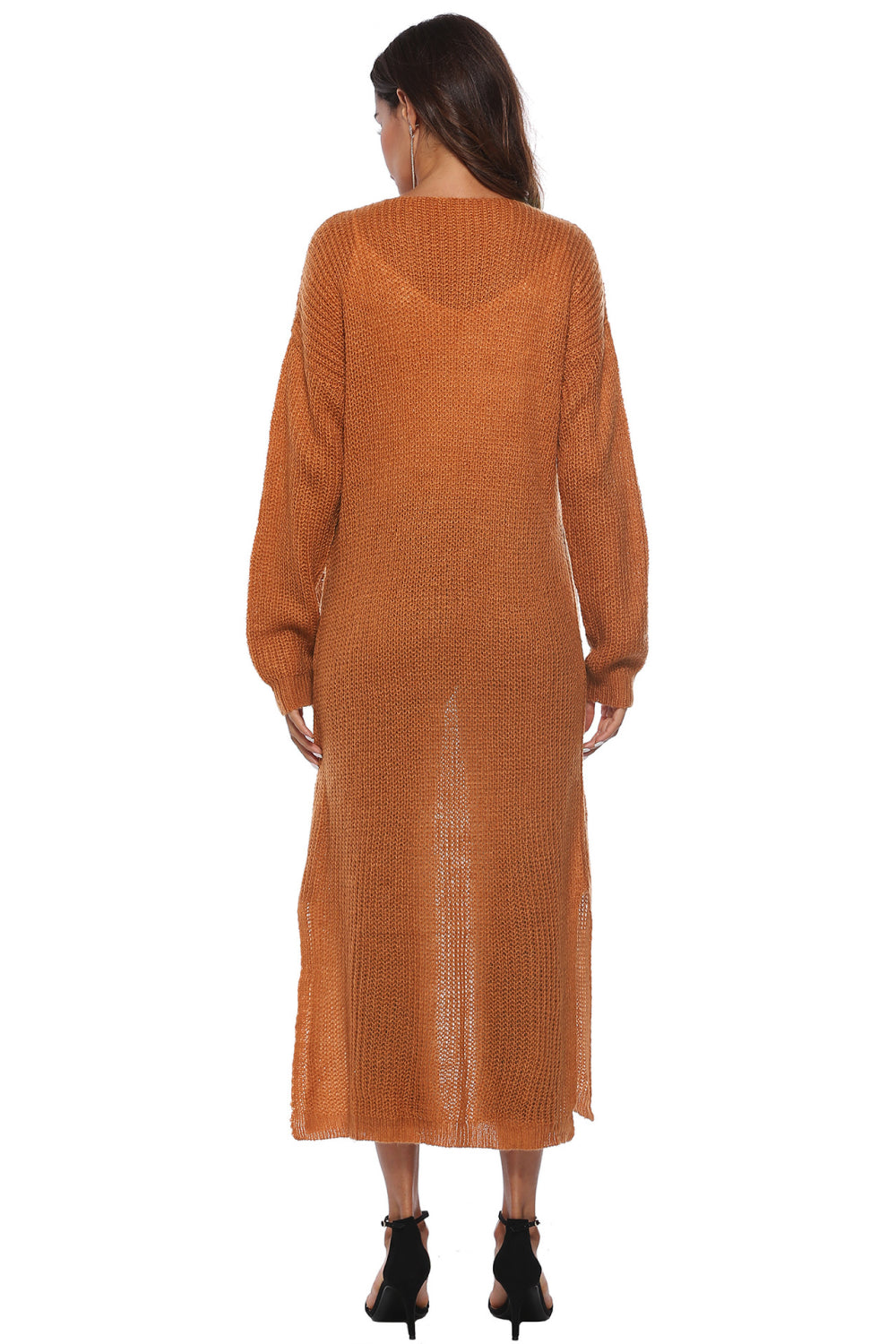 Longline knit cardigan in Caramel with side slits and long sleeves.