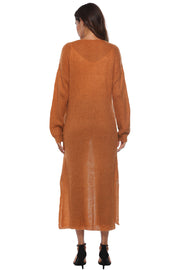 Longline knit cardigan in Caramel with side slits and long sleeves.