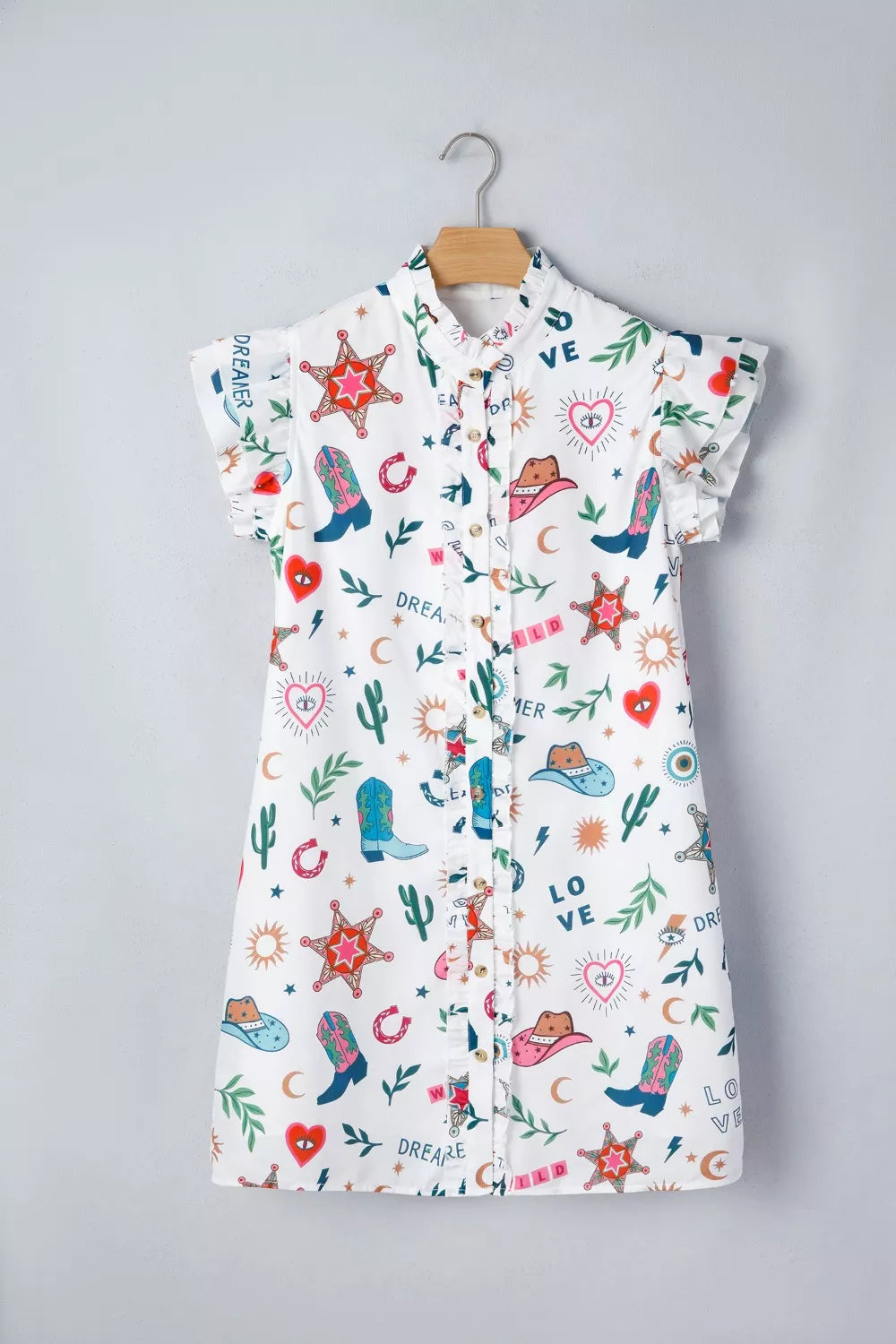 White western print mini dress with flutter sleeves and button-down front.