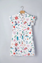 White western print mini dress with flutter sleeves and button-down front.