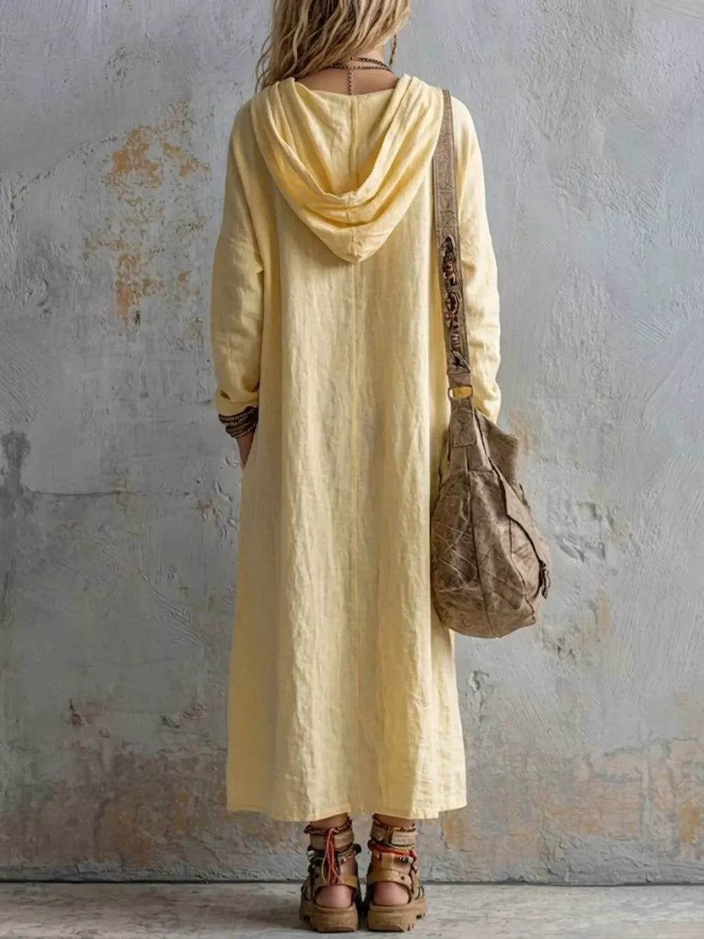 Long Sleeve Hooded Midi Dress With Pockets in White, side view