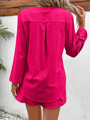 Hot Pink Linen Henley & Drawstring Short Set with back pleat detail.