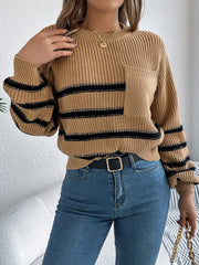 Caramel striped knit sweater with a chest pocket and crew neck.