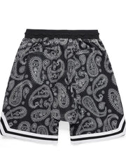Paisley mesh basketball shorts in black with white accents and striped trim.