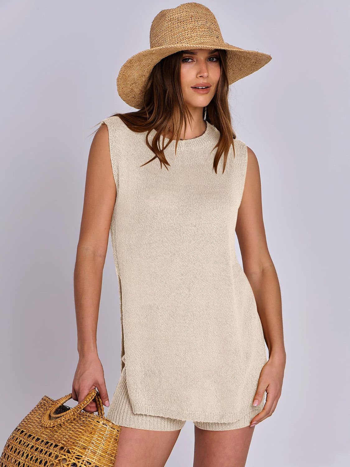 Textured knit tank set in Dust Storm with slit sides and matching shorts, styled with a straw hat and bag.