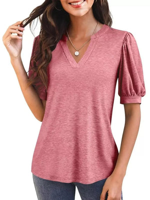 Puff sleeve t-shirt in rose pink with a notched V-neckline.